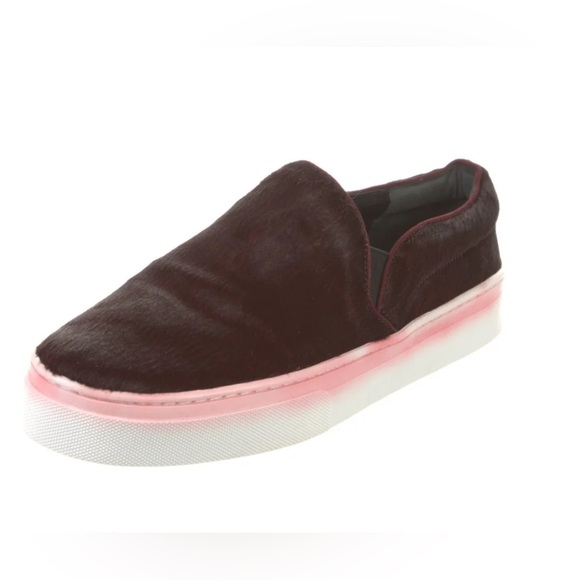 Schutz dark chocolate ponyhair slip on sneakers. Pink washed upper whitewalls. 8 - Picture 1 of 8